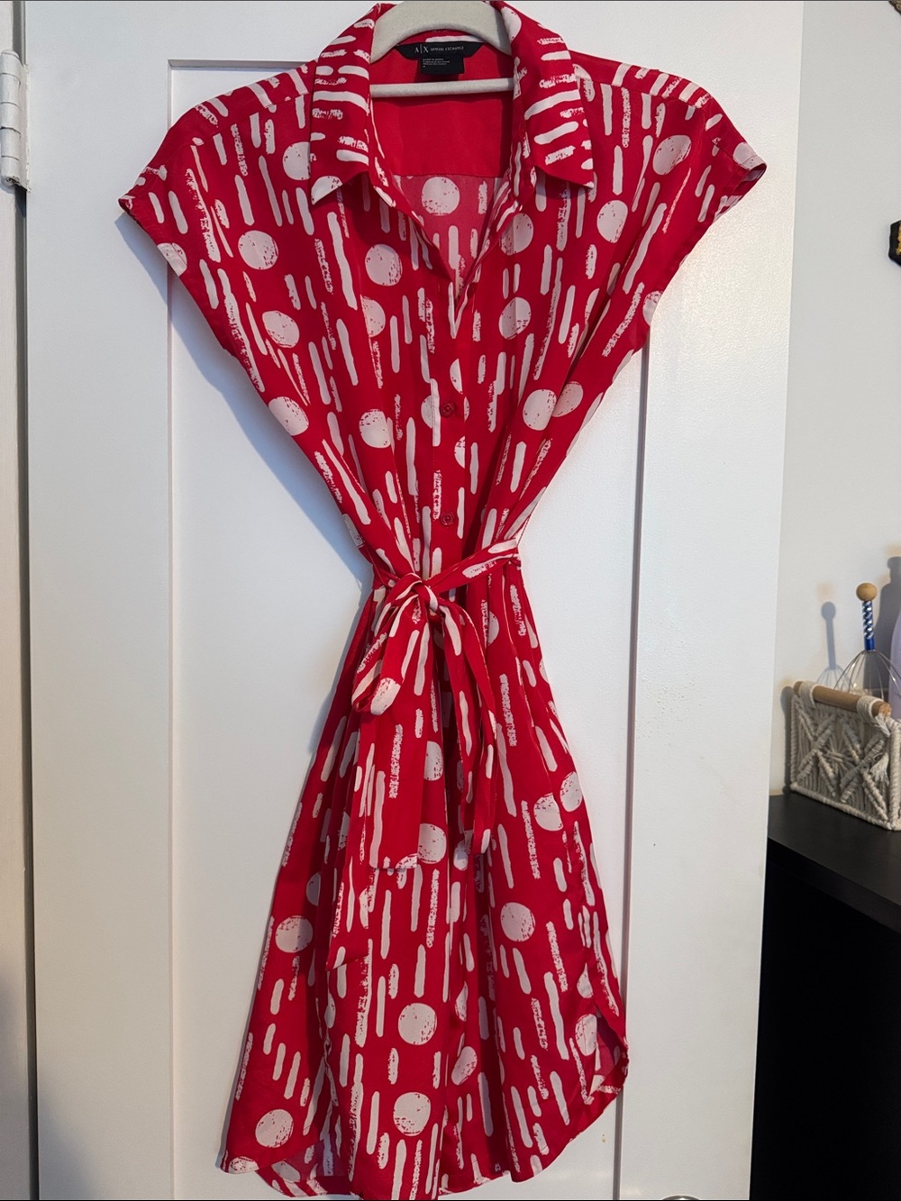 Armani Exchange Red Printed Tie-Waist Shirt Dress
